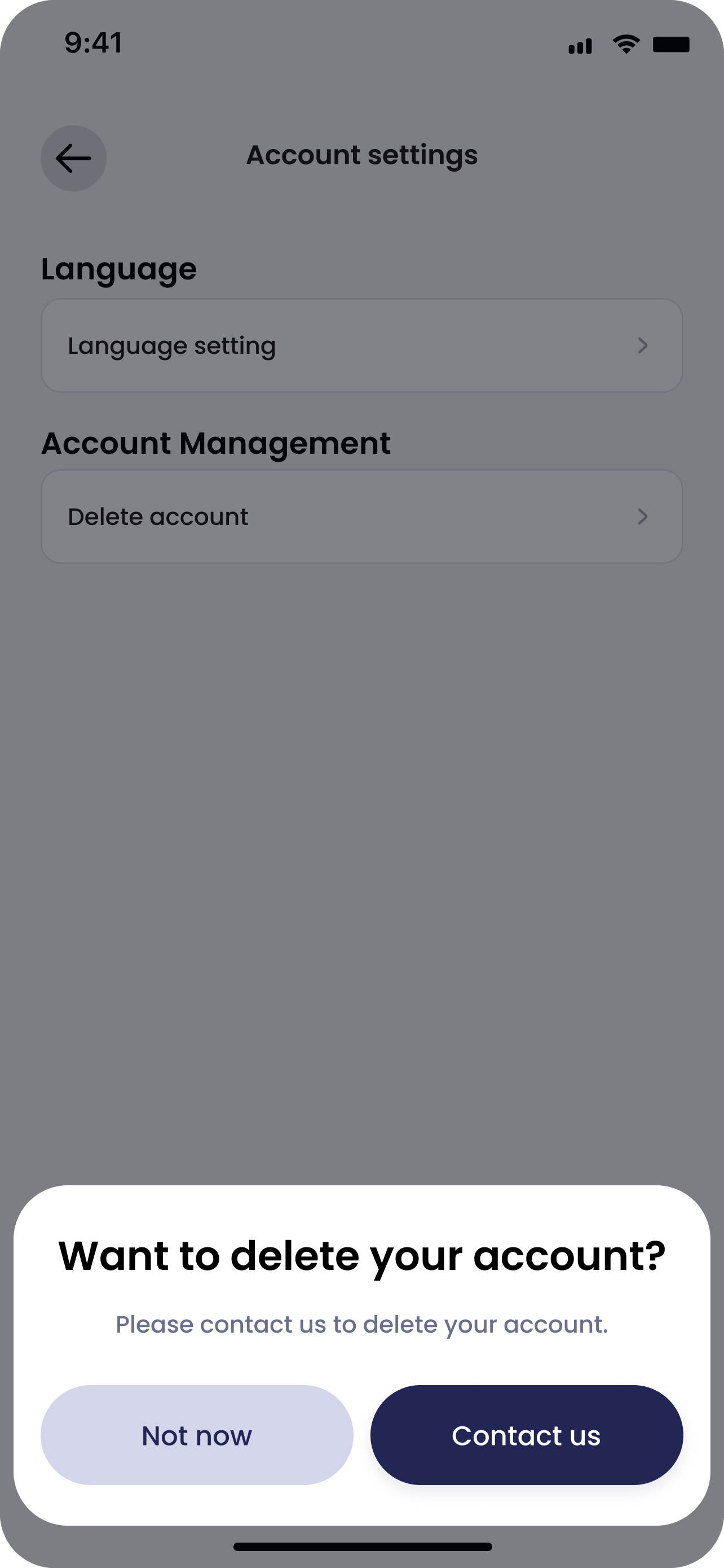 CobwebPay App prompt Want to delete your account with Contact us