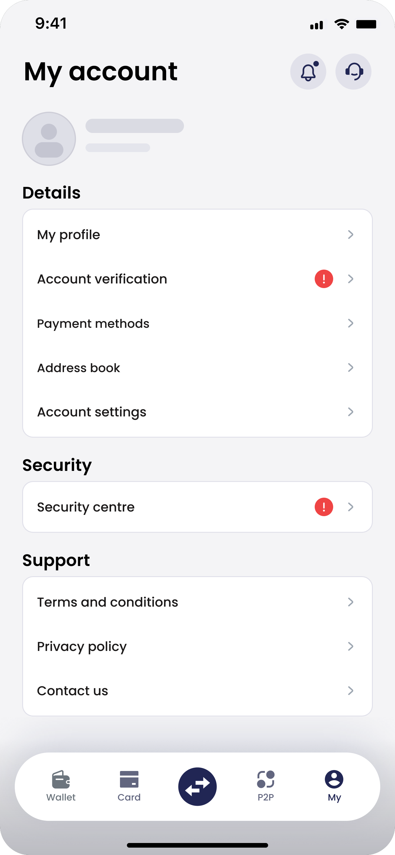 CobwebPay App My tab with Account settings, personal details anonymised