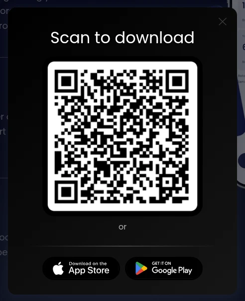 AU download popup with QR code and store badges