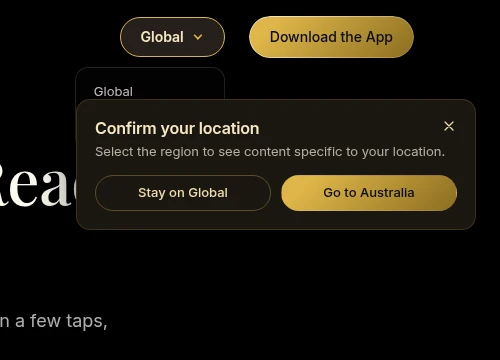Global region dropdown open with the Confirm your location popup