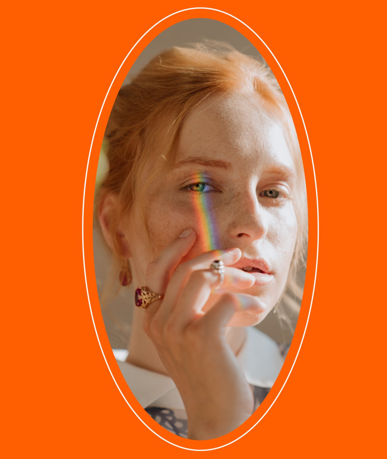 A portrait framed by the Buttr ellipse on orange