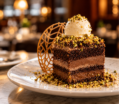 Pistachio mousse dessert at Bazaar