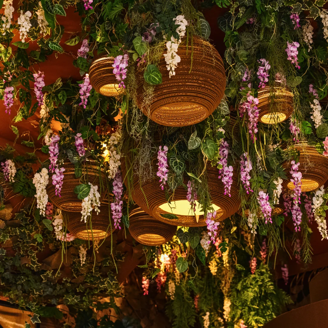 Hanging flowers and lanterns at Bazaar