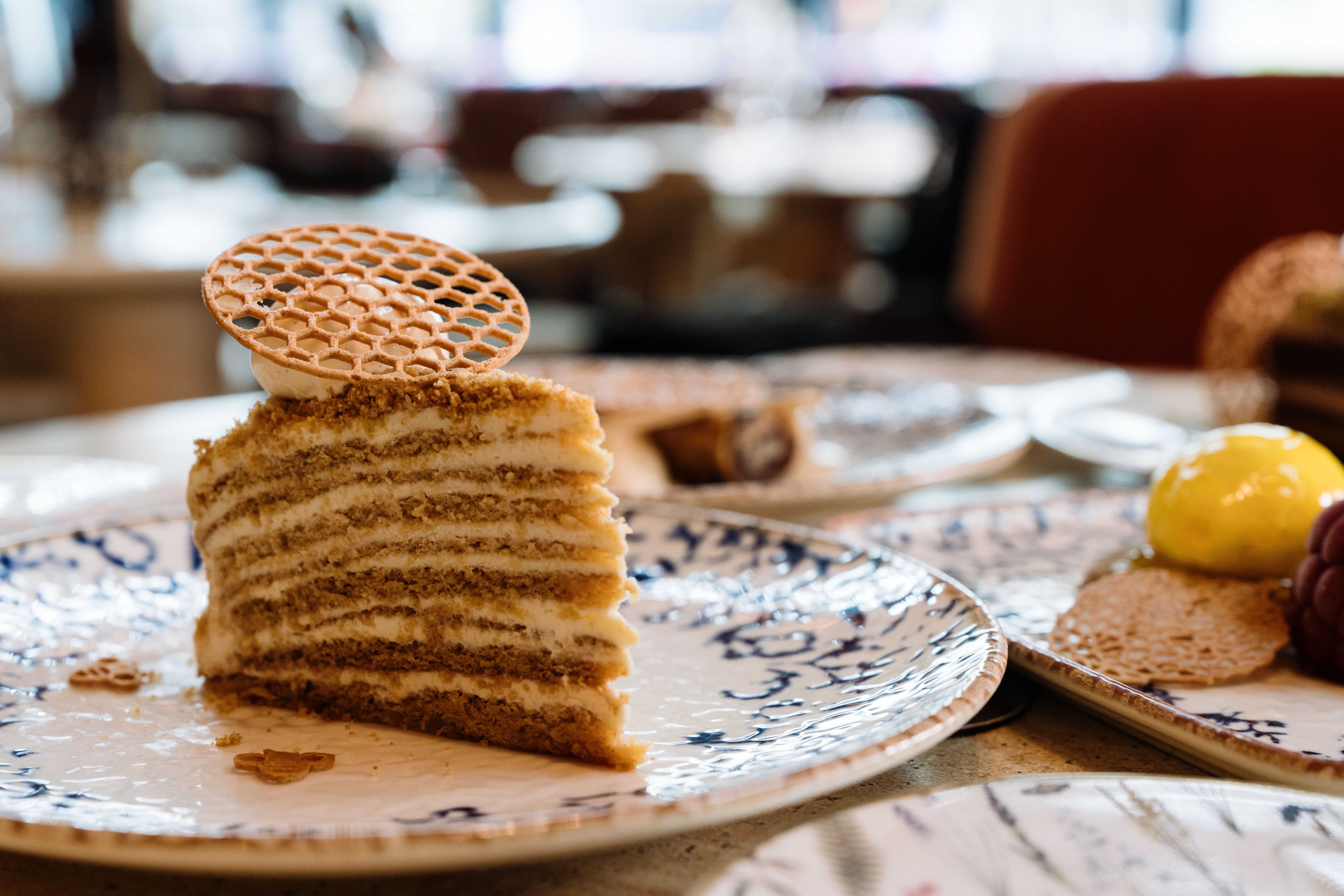 A slice of honey layer cake at Bazaar