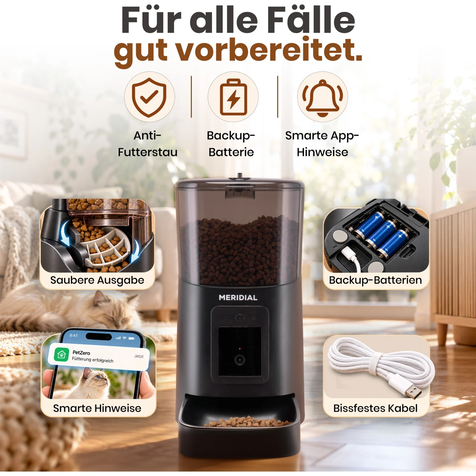 Meridial Futterautomat – Sicherheit und Stromversorgung