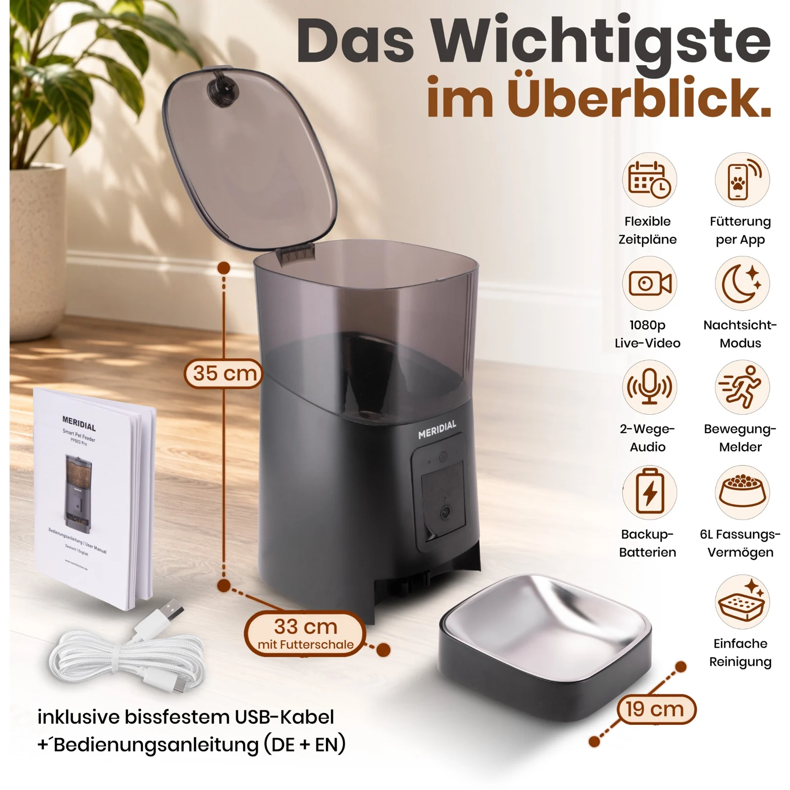 Meridial Futterautomat – Maße und Produktdetails