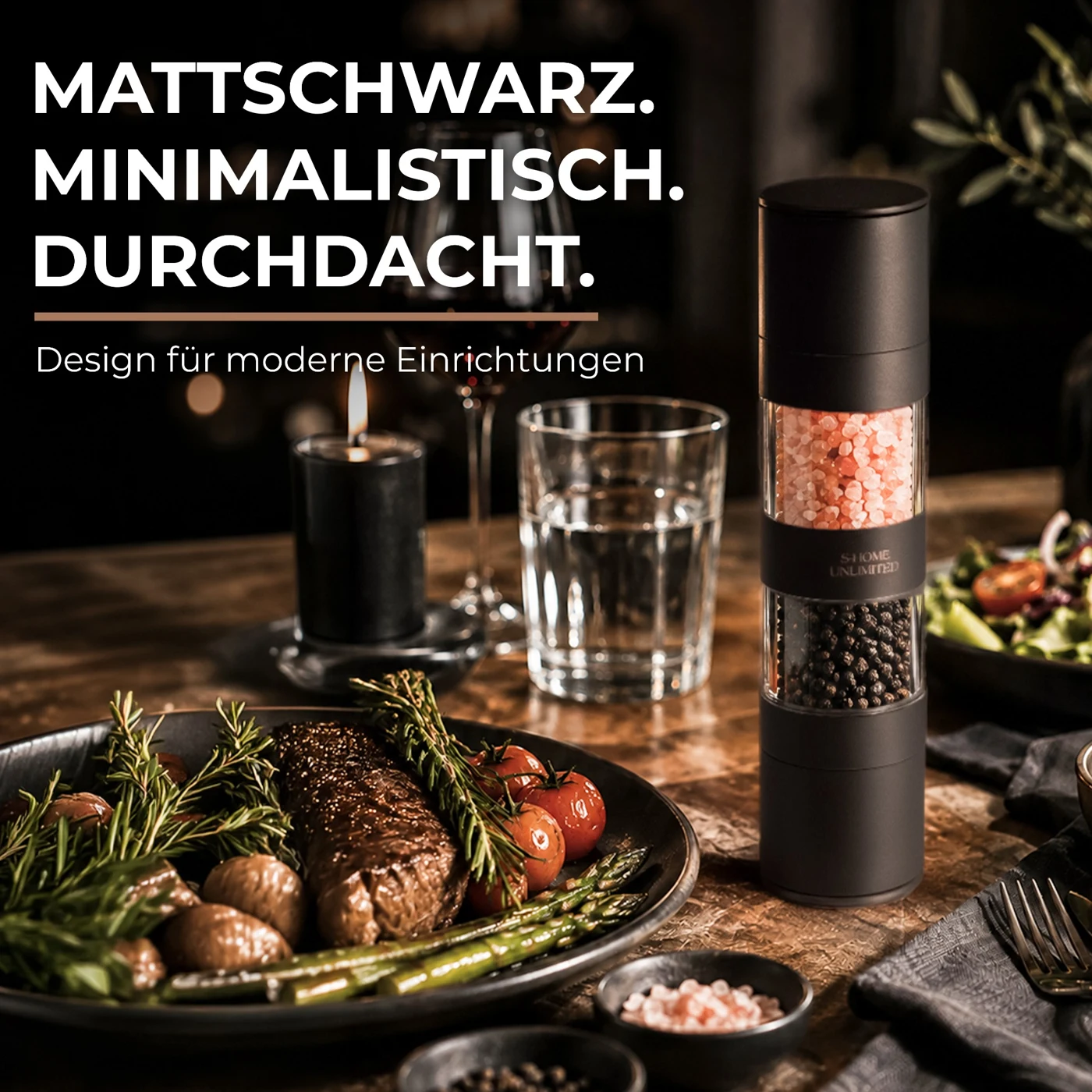 Mattschwarze Gewürzmühle auf einem gedeckten Tisch