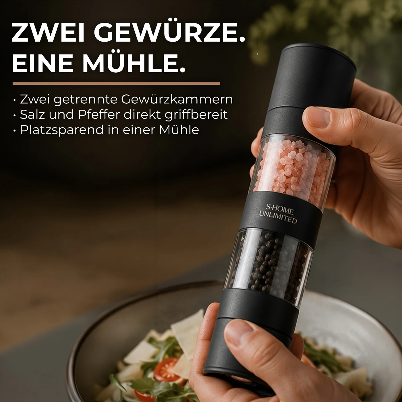 Infografik zur 2-in-1-Salz- und Pfeffermühle mit zwei getrennten Gewürzkammern