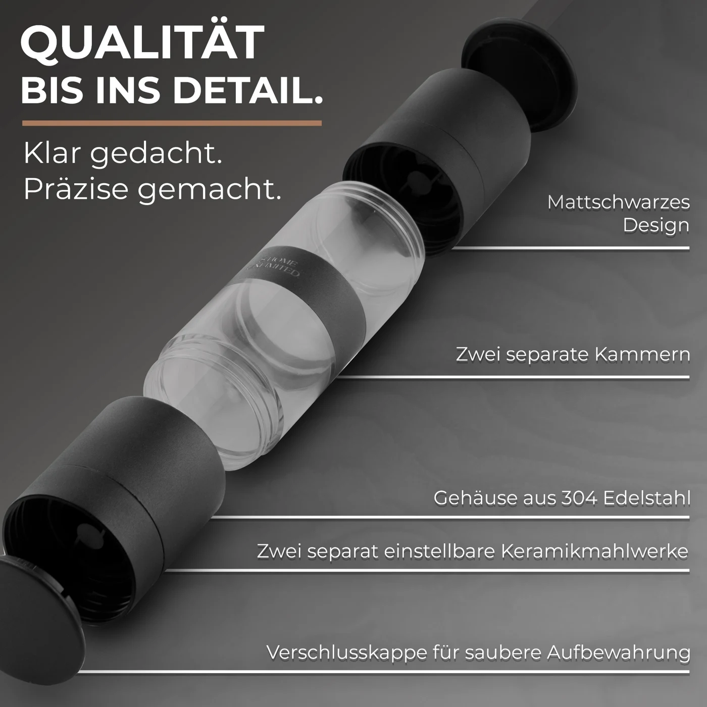Geöffnete Gewürzmühle mit beschrifteten Kammern und Bauteilen