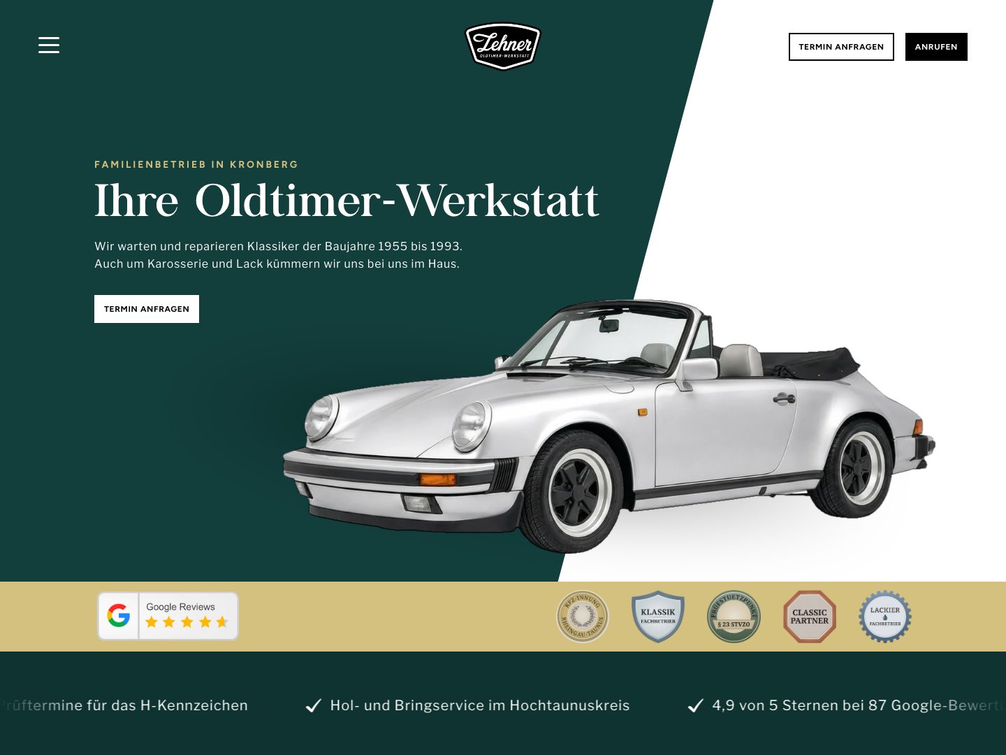 Startseite der Website der Lehner Oldtimer-Werkstatt