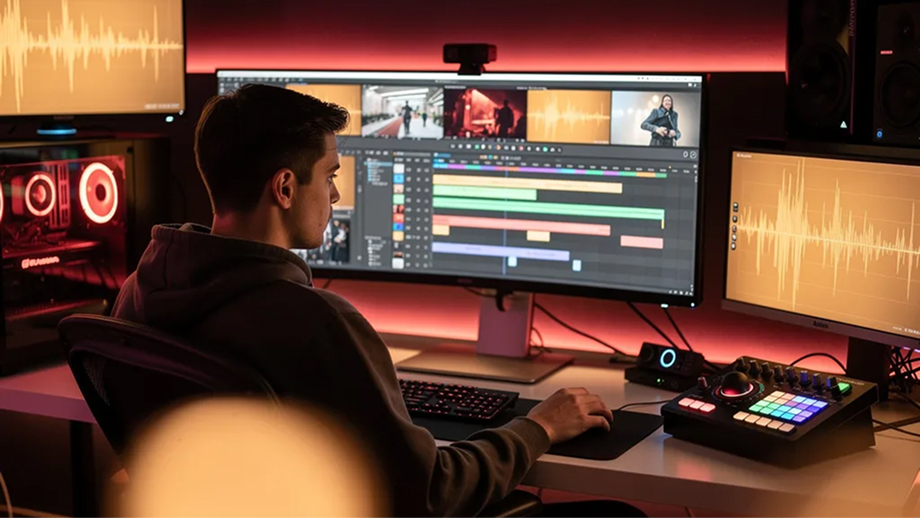 Young man sitting at a desk using video editing software on a large ultrawide monitor with multiple video clips and timeline bars, surrounded by two additional monitors displaying audio waveforms, a keyboard, a mouse, and audio control equipment, all illuminated by warm red ambient lighting.