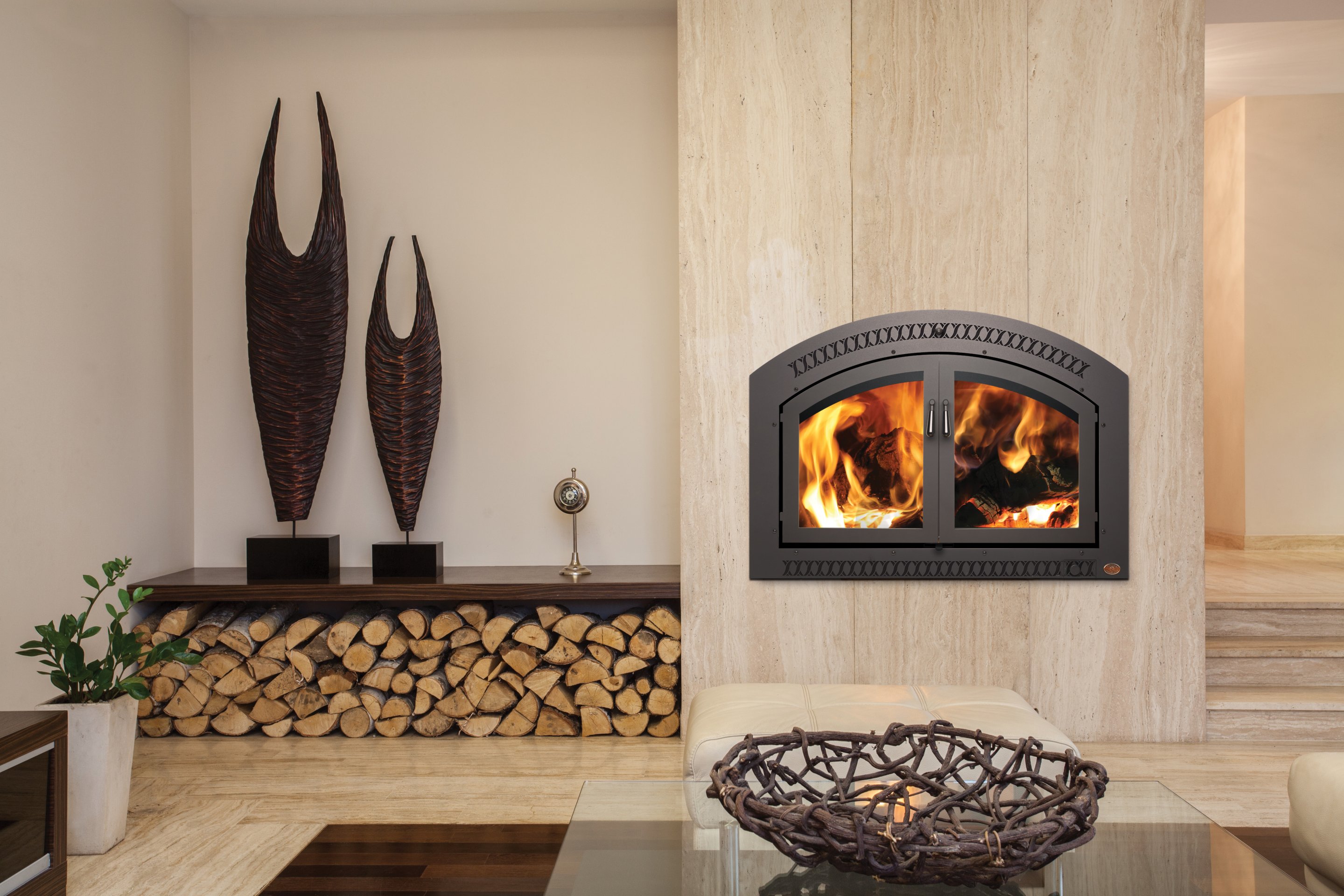 Wood-burning fireplace in a contemporary home