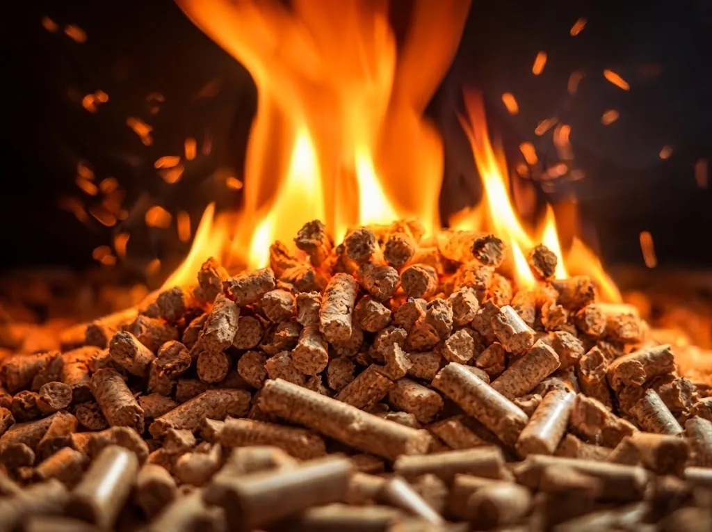 Pellet fuel with glowing flames