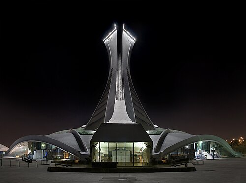 Montreal Olympic Stadium tower lit up at night