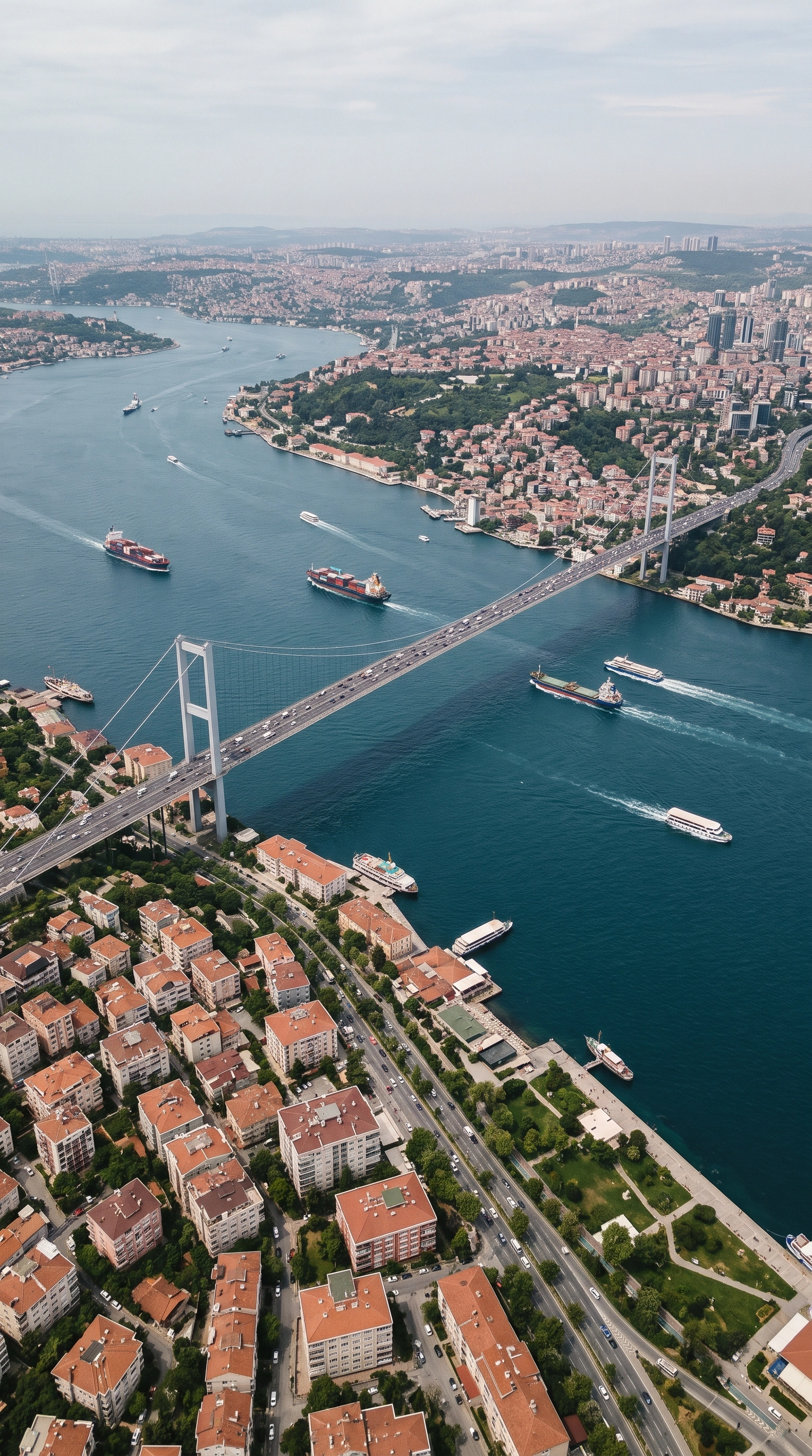Aerial view of a large suspension bridge over a wide river with several cargo ships and smaller boats, surrounded by dense urban buildings with red rooftops and green parks on both sides.
