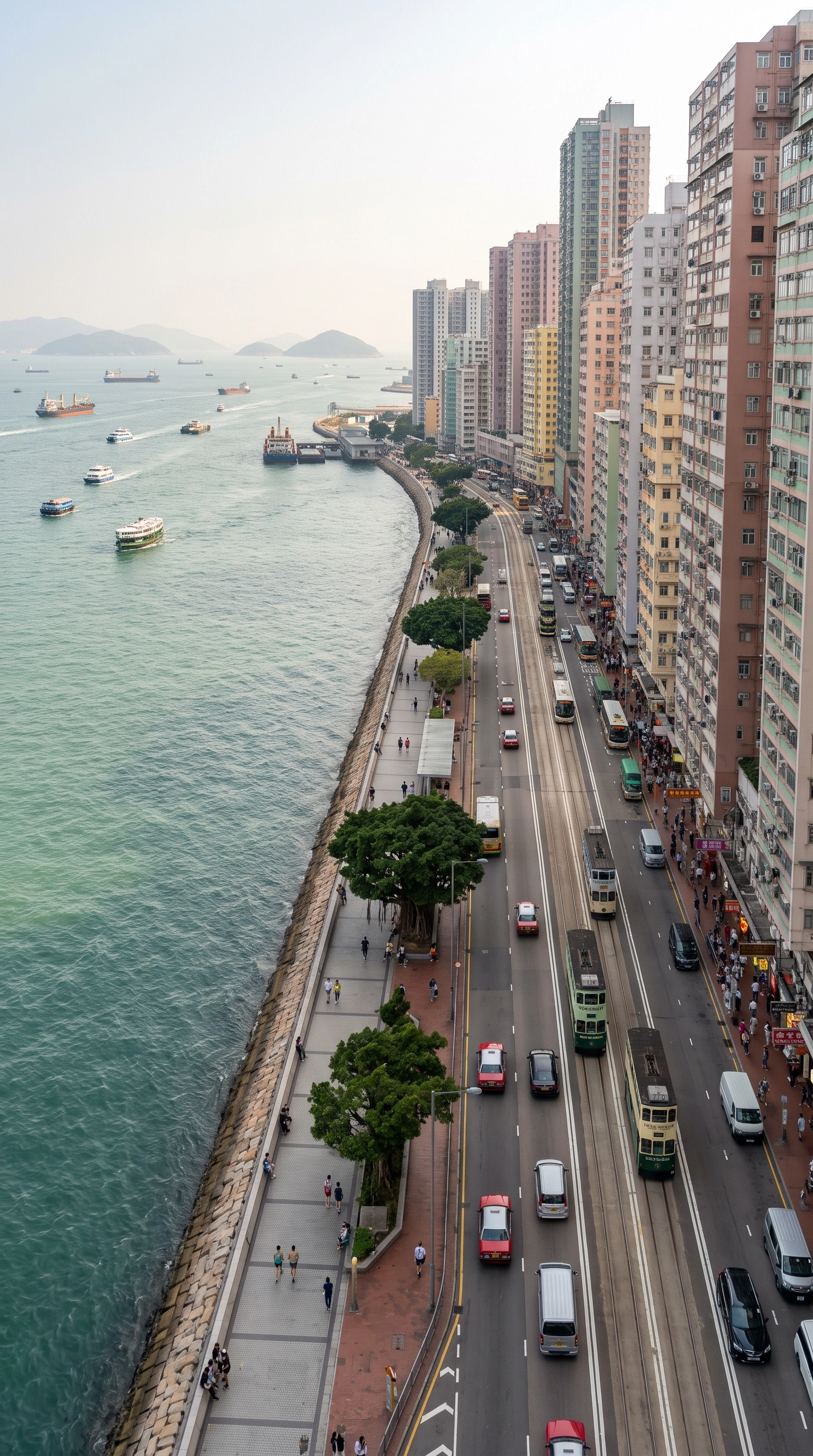 Aerial view of a busy urban waterfront with a road, tram tracks, pedestrians on a seawall promenade, high-rise buildings on the right, and multiple boats and ships in the water with distant islands on the horizon.
