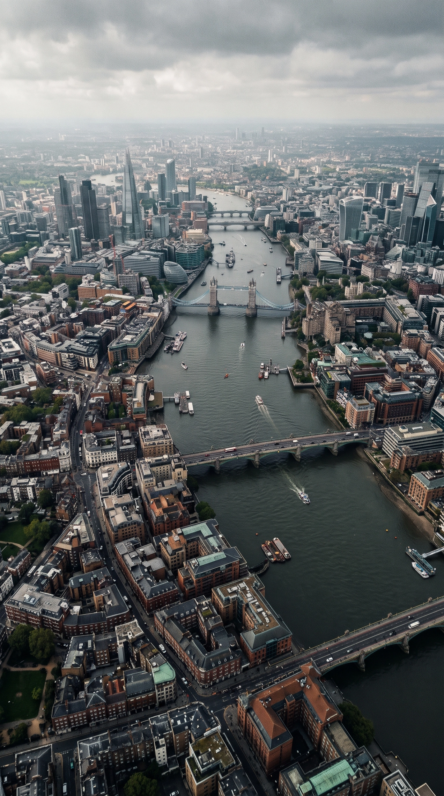 Aerial view of the River Thames in London, featuring Tower Bridge in the center with boats on the river and a dense cityscape of buildings, including modern skyscrapers and historic structures, under a cloudy sky.