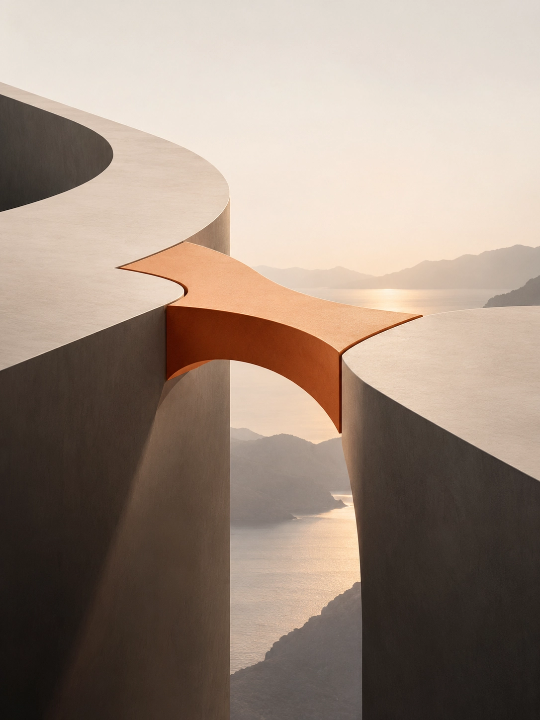 Minimalist architectural scene of two curved concrete structures separated by a gap bridged by a narrow, curved orange walkway, overlooking a serene body of water and distant mountains at sunset.