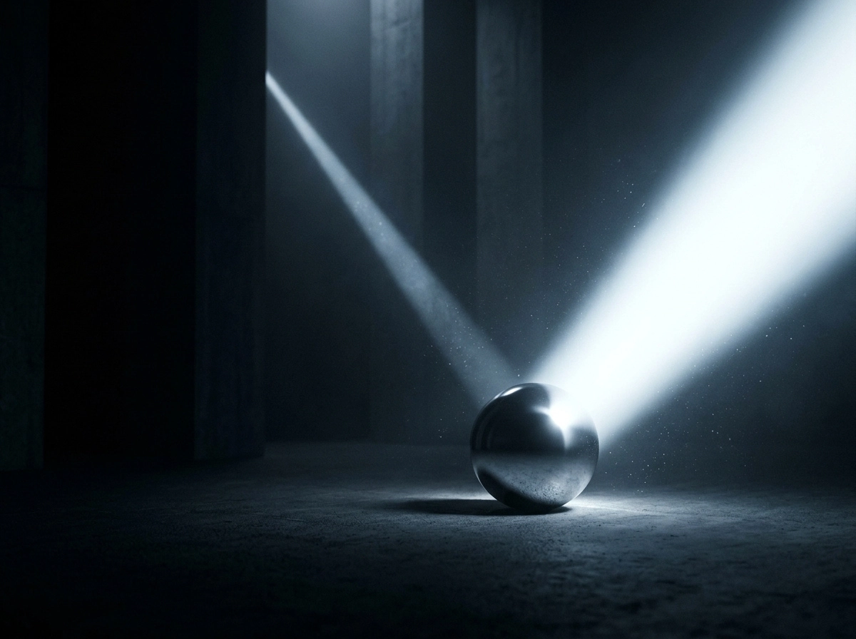 A reflective metal sphere on a dark surface emitting two bright beams of light in different directions in a dimly lit space.
