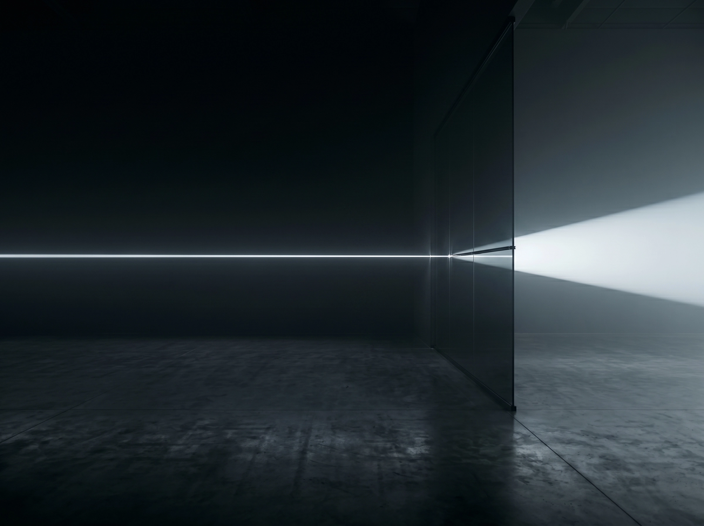 Dark empty room with a polished floor and a thin bright horizontal light line stretching across the back wall, intersecting with a partially open door emitting a strong beam of white light to the right.