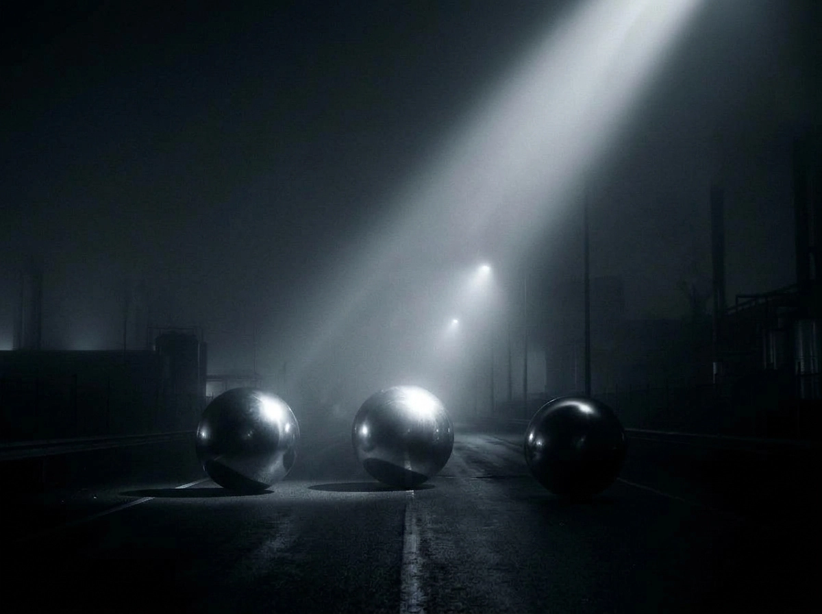 Three large reflective metallic spheres positioned on a dark, deserted street at night with streetlights and a thick fog illuminated by a strong overhead light beam.