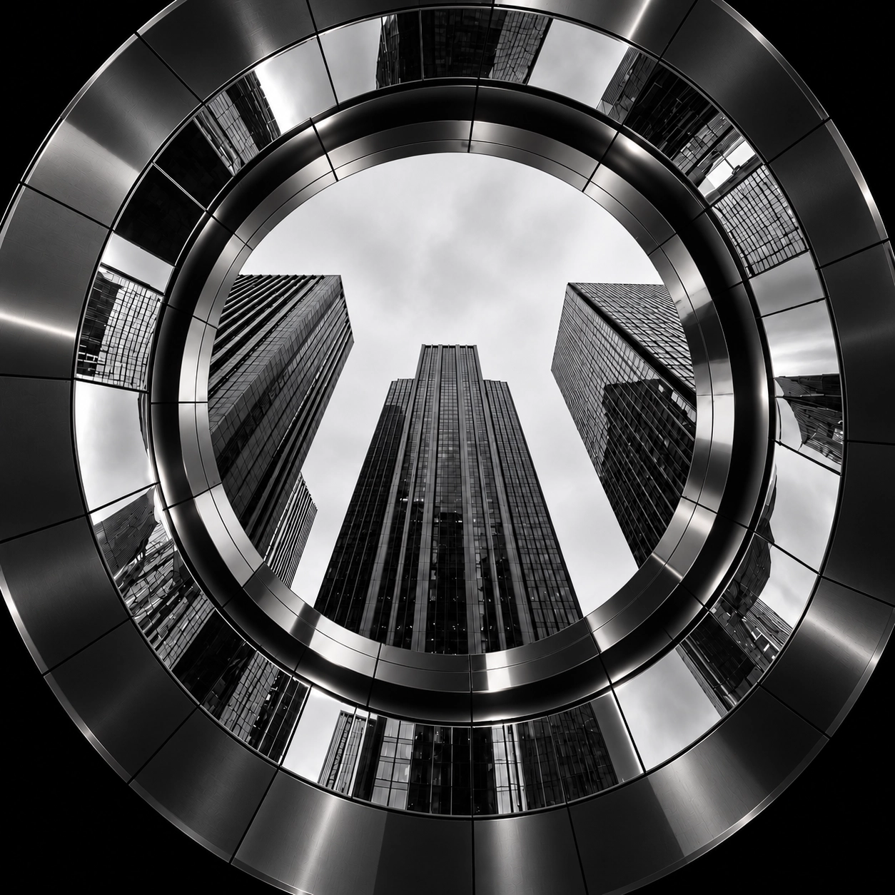 Black and white photo of tall modern skyscrapers viewed from below, framed by a circular metallic structure with reflective panels.