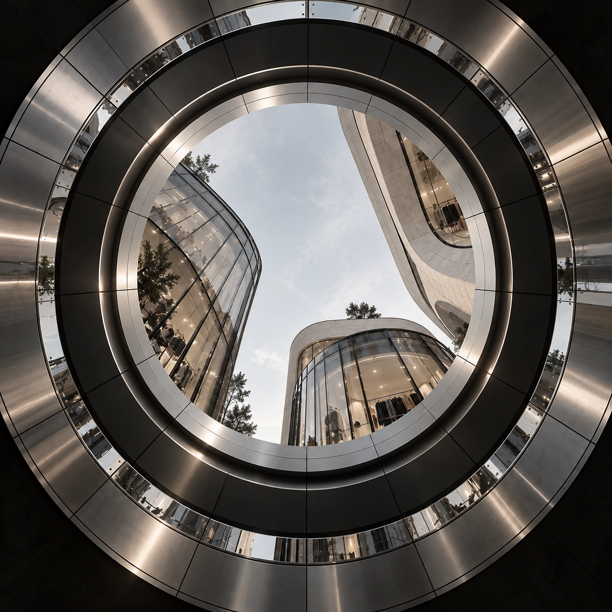 Modern building with curved glass facades and trees inside, viewed upward through a circular metallic architectural opening framing the sky.