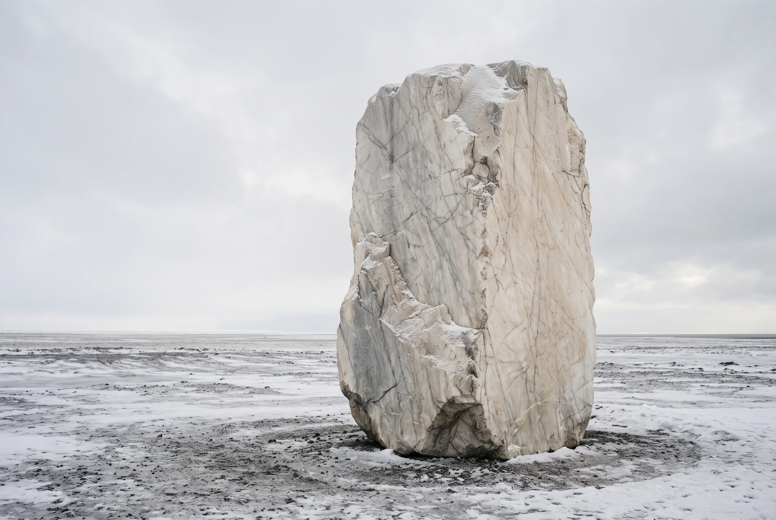 A large, upright, irregularly shaped white and gray marble rock standing alone in a snowy and barren landscape under a cloudy sky.