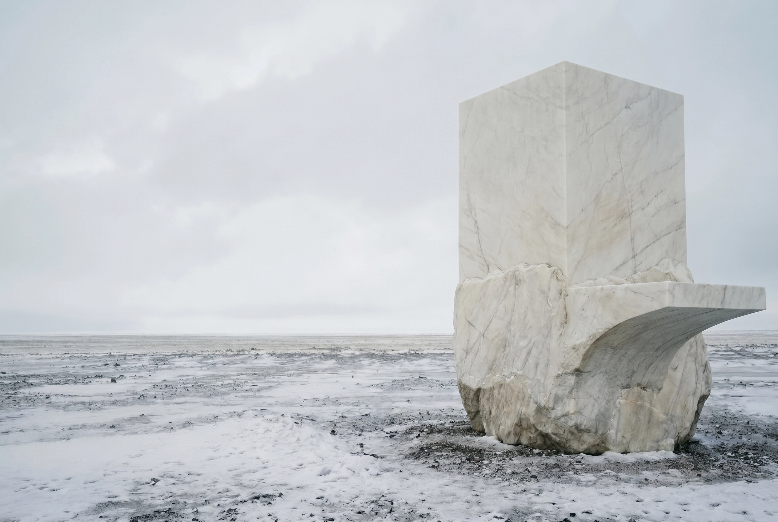 Large marble sculpture resembling a partially rough and partially polished rectangular block with an extended overhanging ledge, situated on a barren, frosty, and cracked landscape under a cloudy sky.