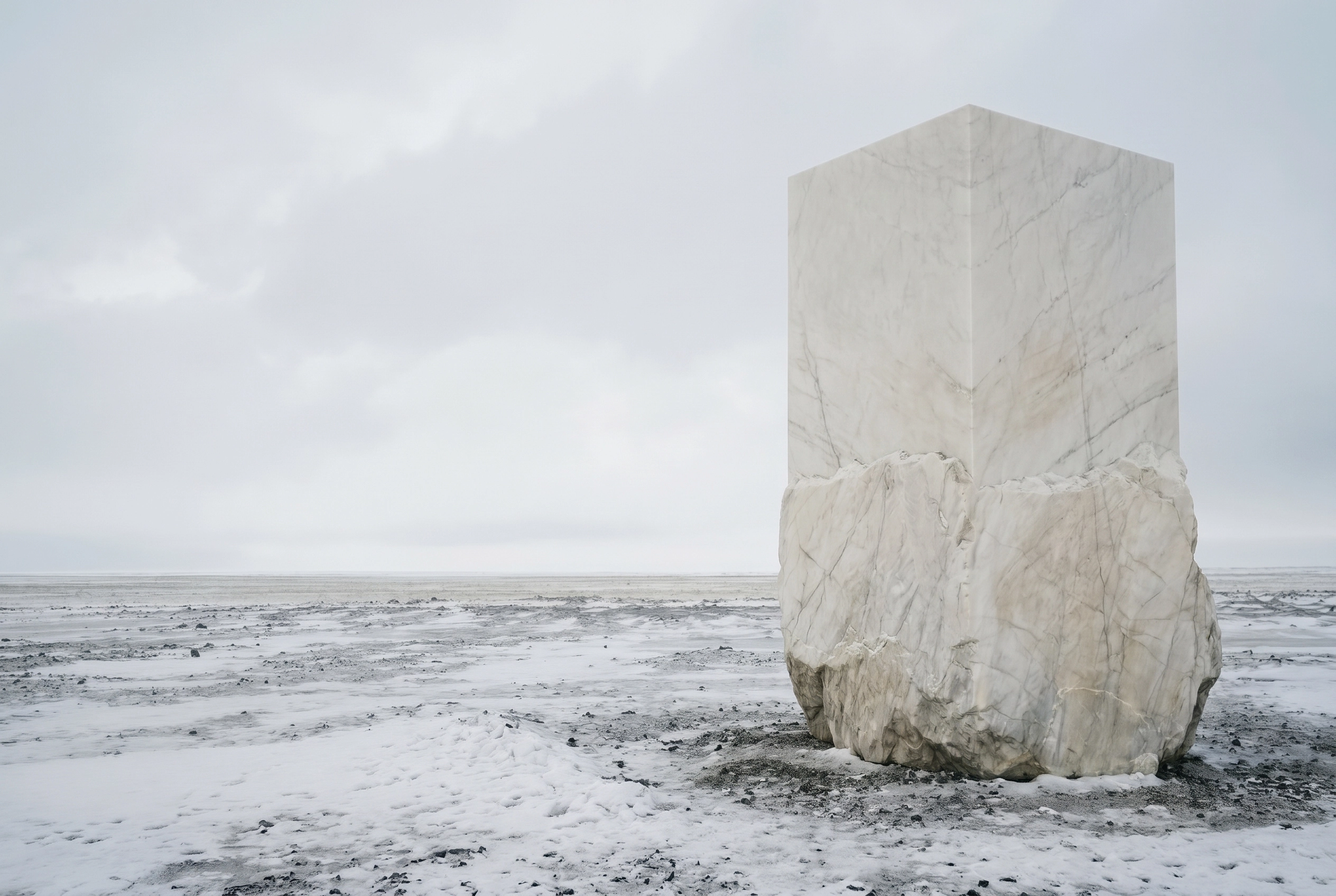 A large marble monolith with a polished upper half and a rough natural base stands on a barren, snowy, and icy landscape under a cloudy sky.