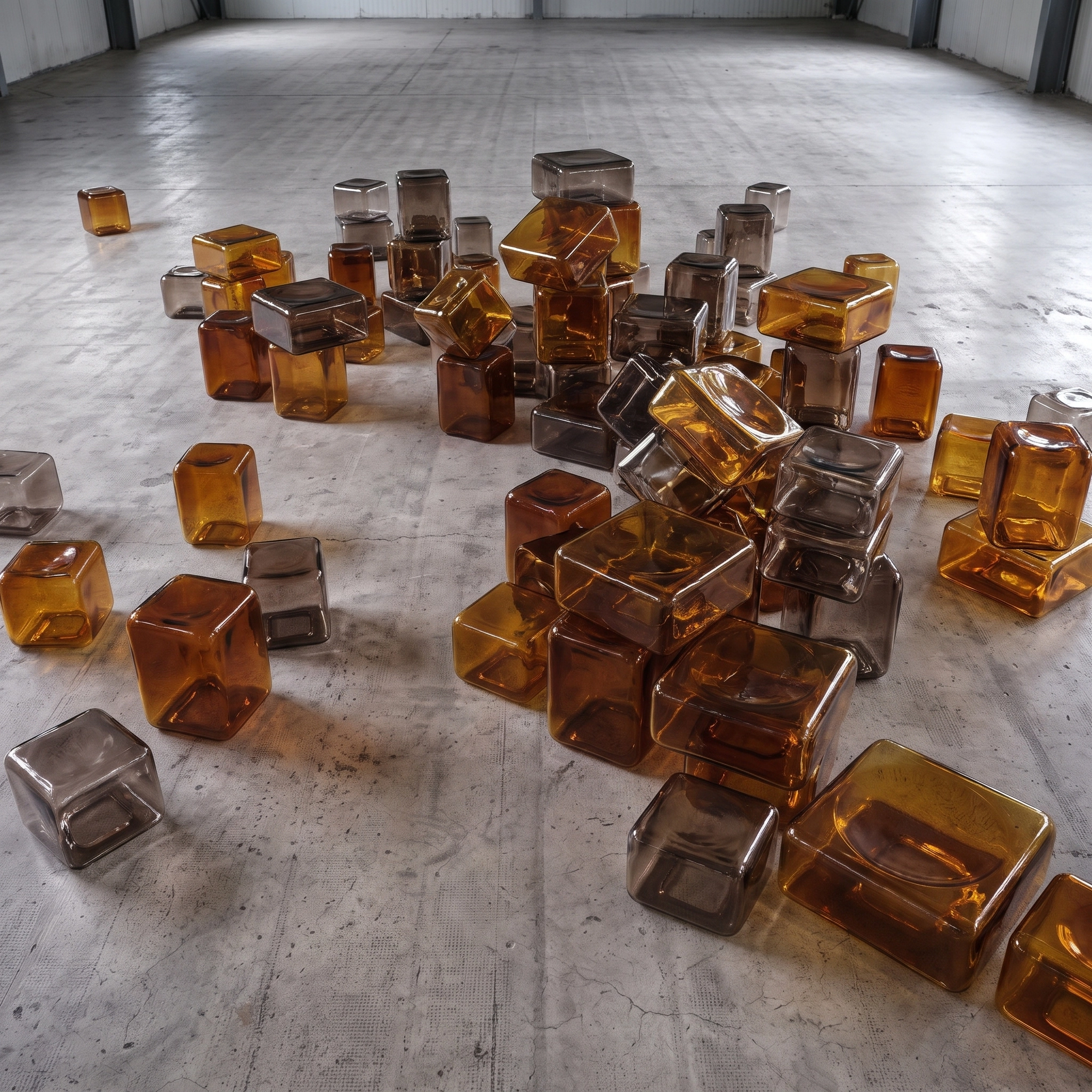 Cluster of translucent, amber and smoky gray glass cubes scattered and stacked on a textured concrete floor inside a large, empty industrial-style room with white paneled walls.