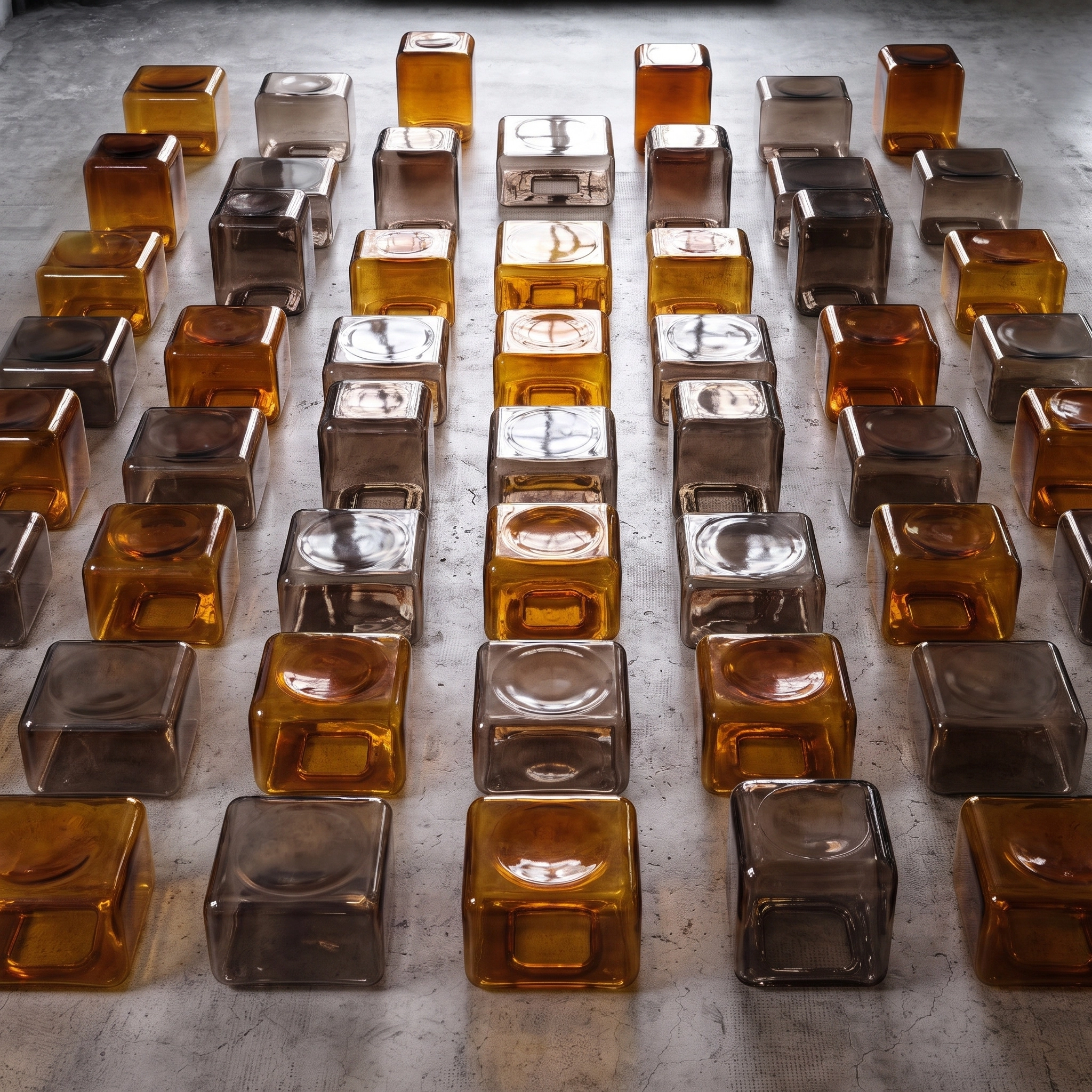 Rows of translucent glass cubes in amber and smoky gray colors arranged in an alternating pattern on a textured concrete surface.