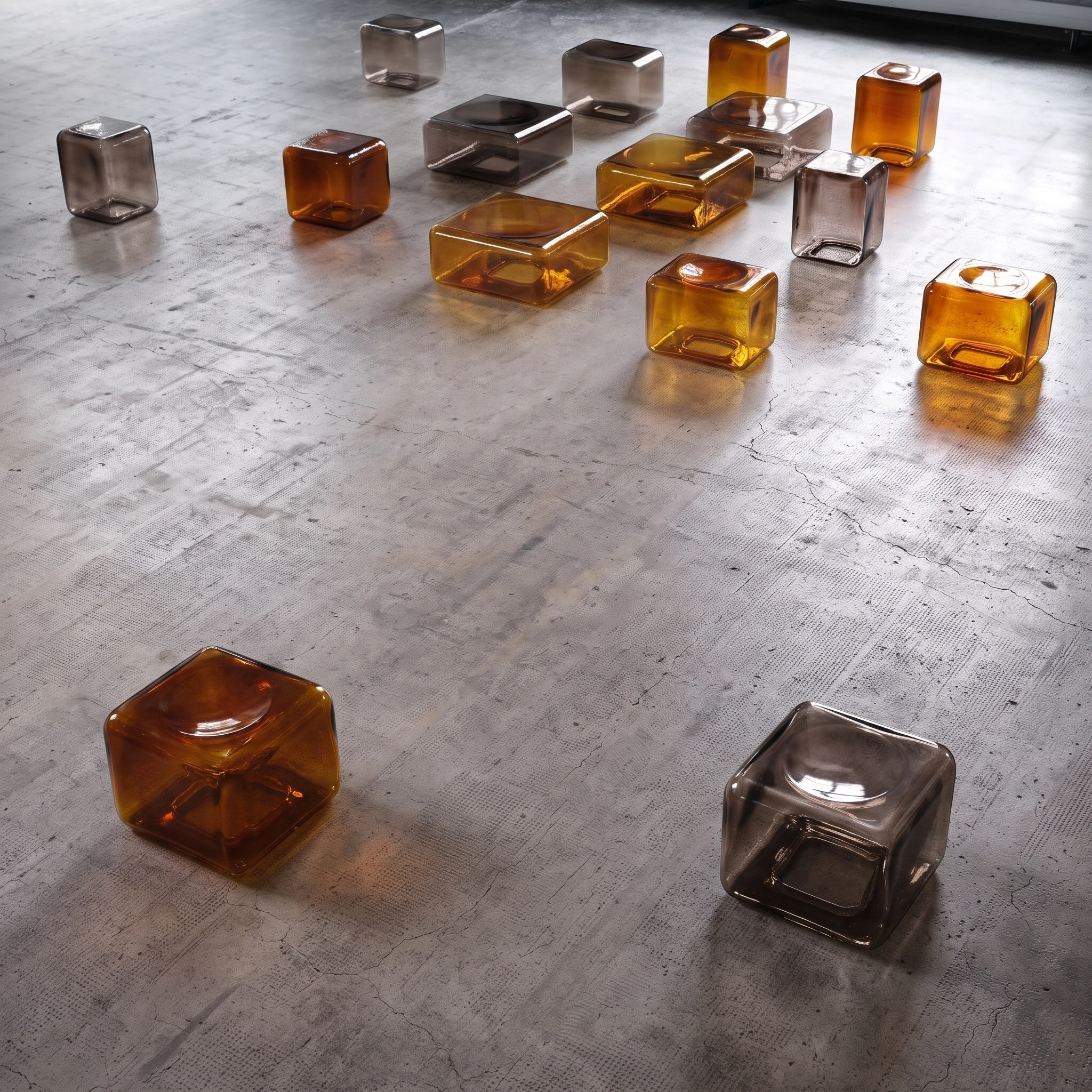 Several small translucent glass cubes in amber and smoky gray colors scattered on a textured concrete surface with natural light reflections.