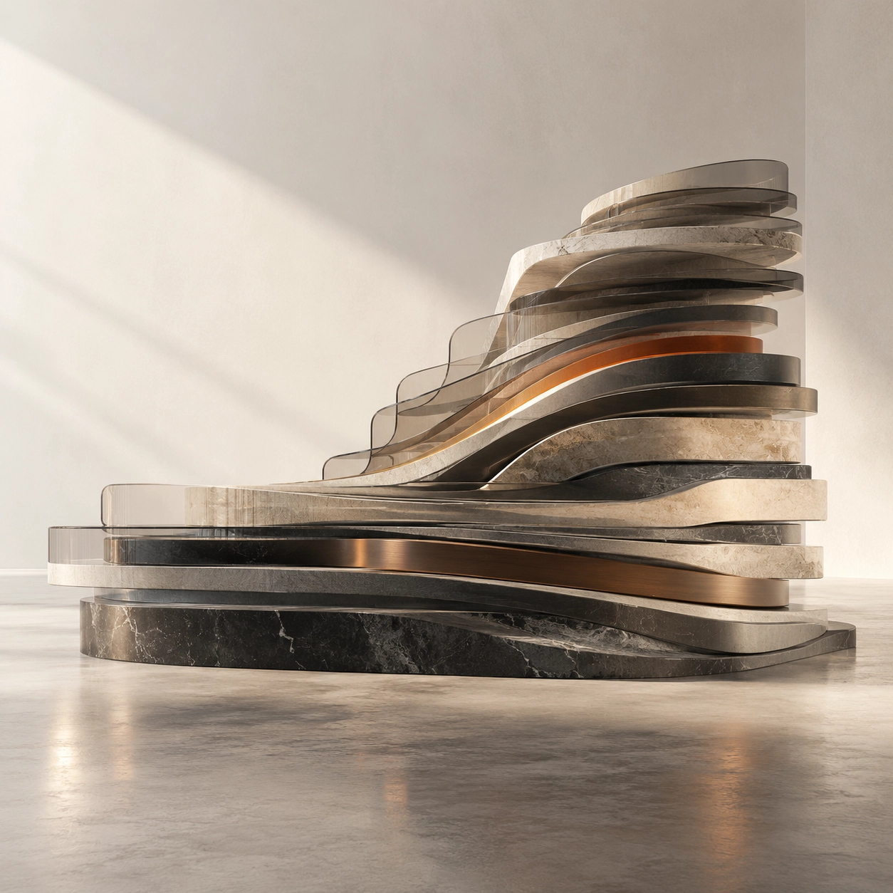 Abstract modern sculpture with layered, curved slabs of marble, glass, and metal in neutral tones on a polished floor against a light wall.