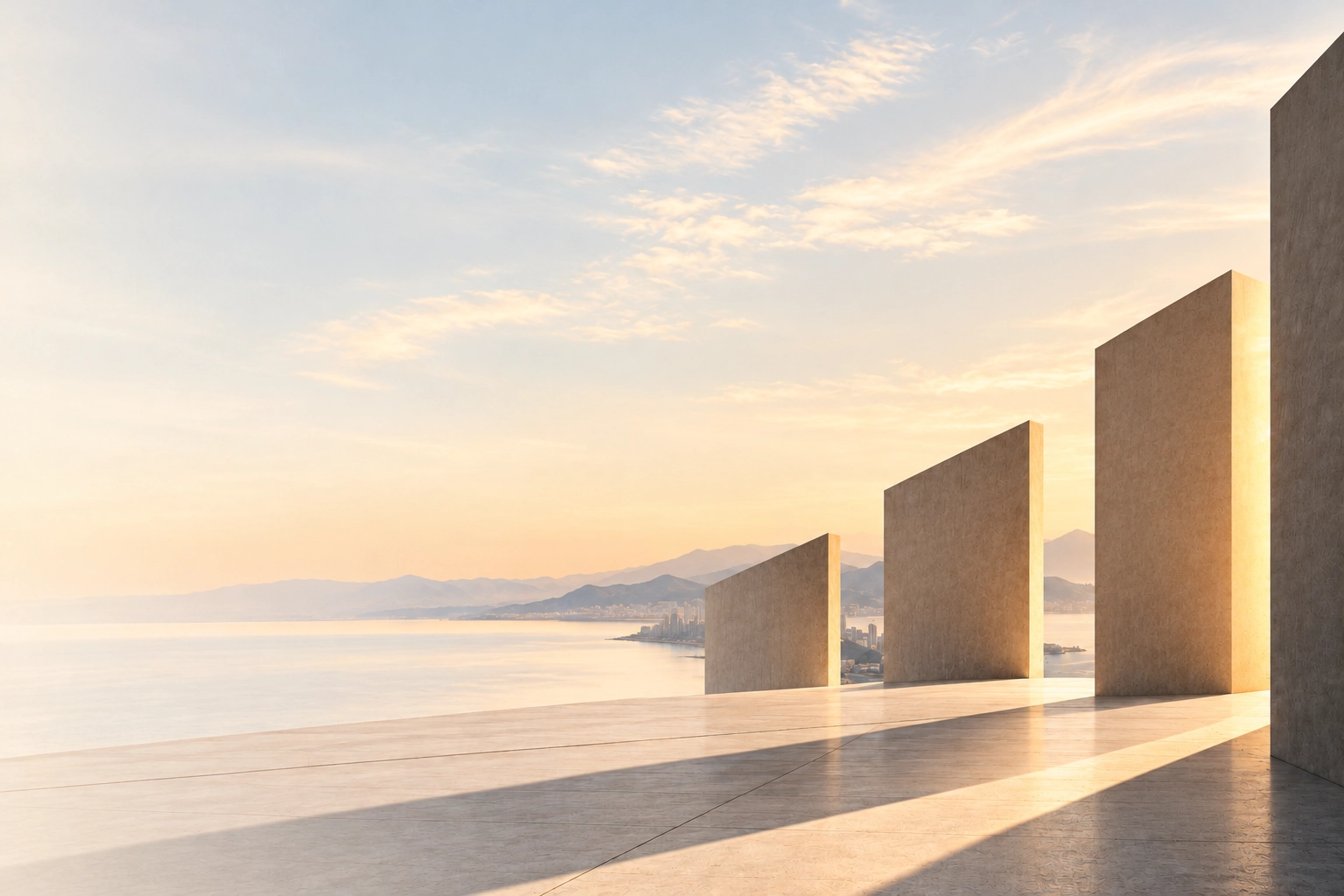Sunset or sunrise scene with four large beige concrete slabs of varying heights casting long shadows on a smooth stone surface overlooking a calm sea and distant mountains with a hazy city skyline.