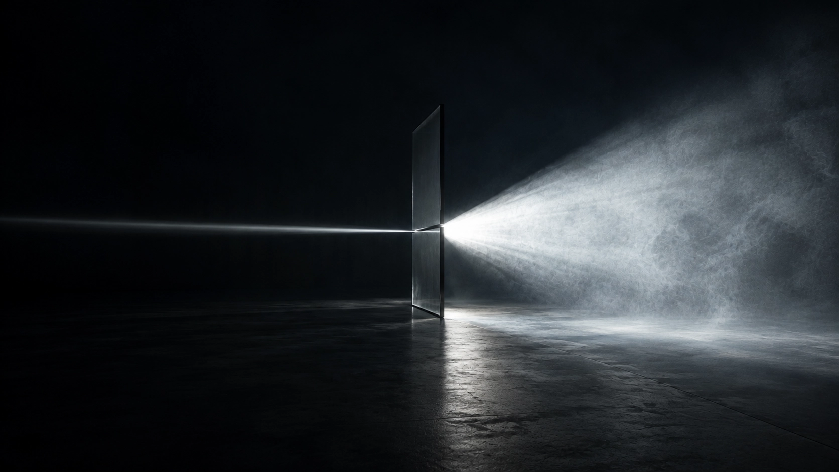 A thin vertical glass panel stands upright in a dark space, with a bright beam of light passing through its edge, creating a narrow shaft of light on the left and a wide, diffuse misty light spreading on the right over a textured floor.