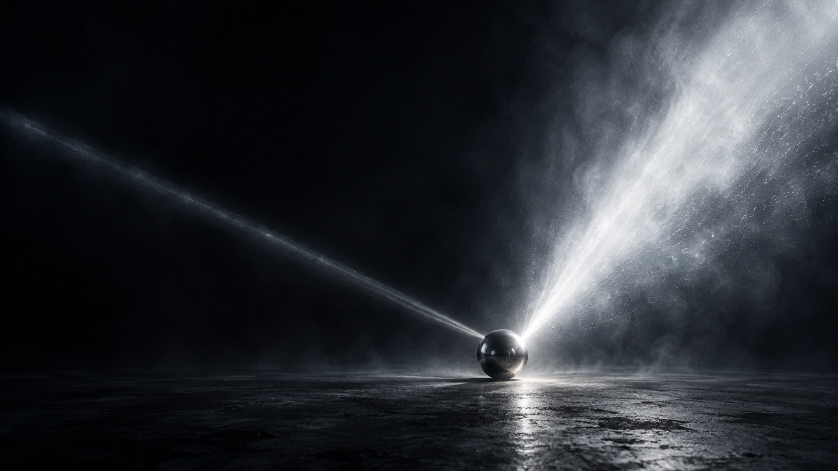 Reflective metallic sphere on a textured dark surface emitting two bright beams of light or mist, one narrow and straight and the other wide and diffused, creating a dramatic contrast in a dark, misty environment.