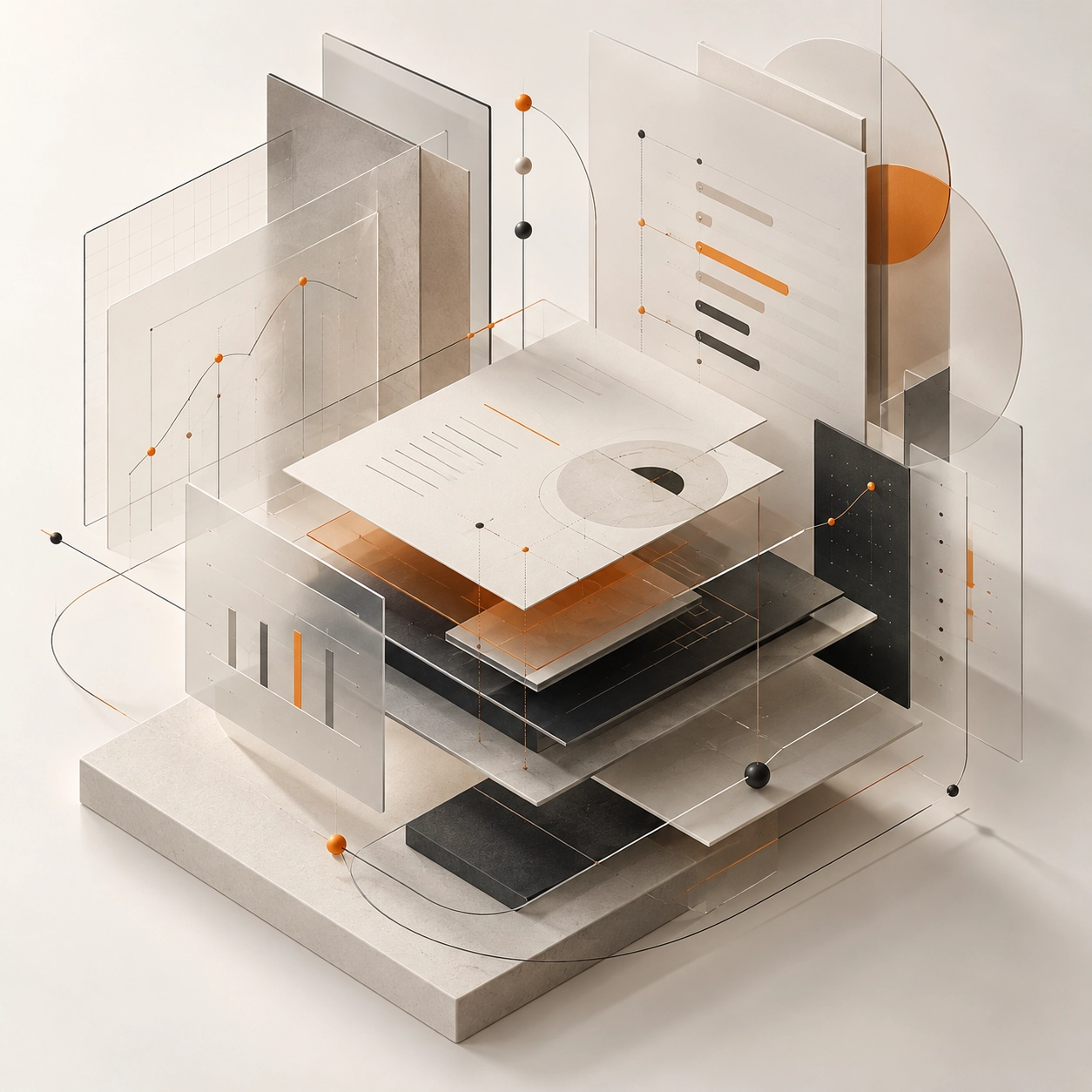 Abstract 3D visualization of layered translucent panels displaying various charts and graphs including bar charts, line charts, and pie charts, connected by thin lines with orange and black spheres, set on a smooth beige base.