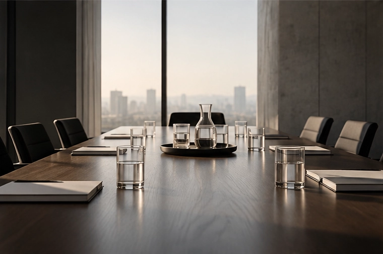 Modern conference room with a long wooden table set with glasses of water and closed notebooks, a glass carafe on a tray in the center, black office chairs around the table, and a large window showing a city skyline in soft daylight.