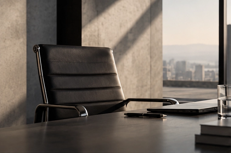 Empty black leather office chair next to a desk with a closed laptop, pen, glass of water, and stack of books, with a cityscape visible through the window.