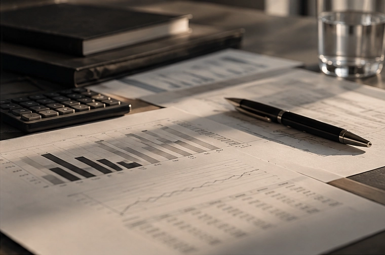 Desk with financial documents showing bar and line charts, a black pen, a calculator, a closed notebook, and a glass of water.