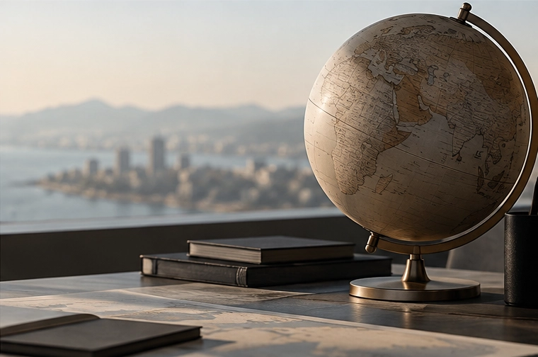 Vintage-style globe showing Africa, Europe, and Asia on a stand placed on a desk with stacked books, with a blurred cityscape and mountains in the background.