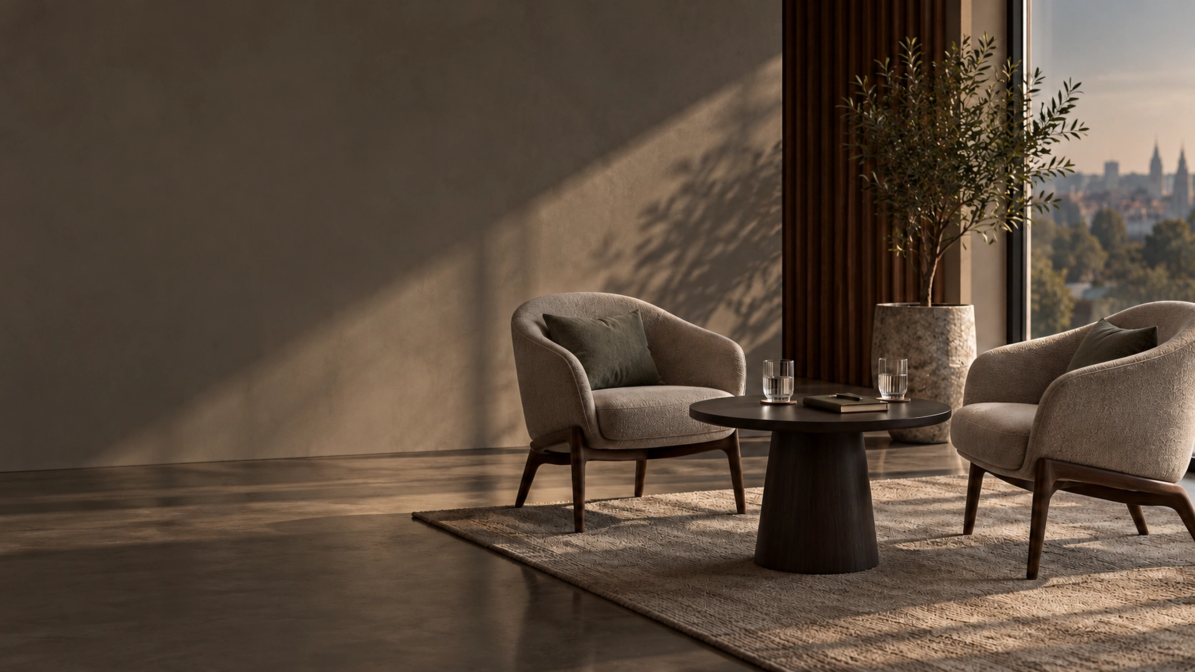 Two beige armchairs with dark wooden legs and green cushions face a round dark wood coffee table with two glasses of water and a closed book, set on a textured light rug in a sunlit room with a tall potted plant by a large window overlooking a cityscape.