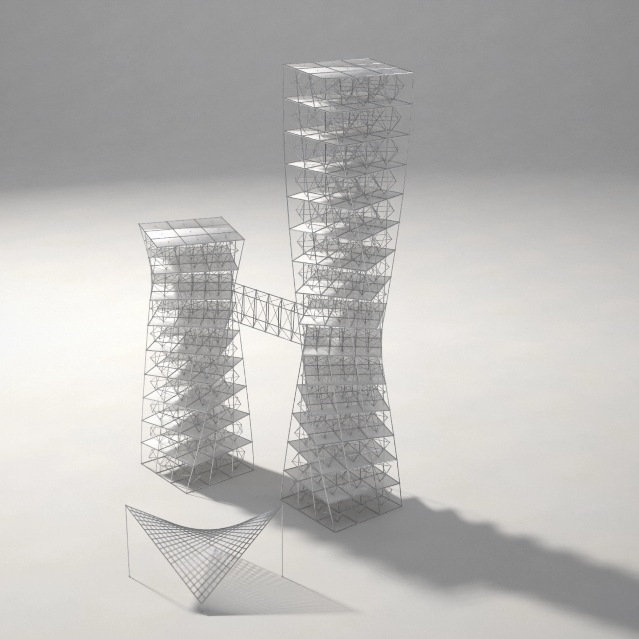 Three architectural wireframe models on a light background: two twisting tower structures connected by a horizontal bridge and a separate curved net-like canopy with its shadow.