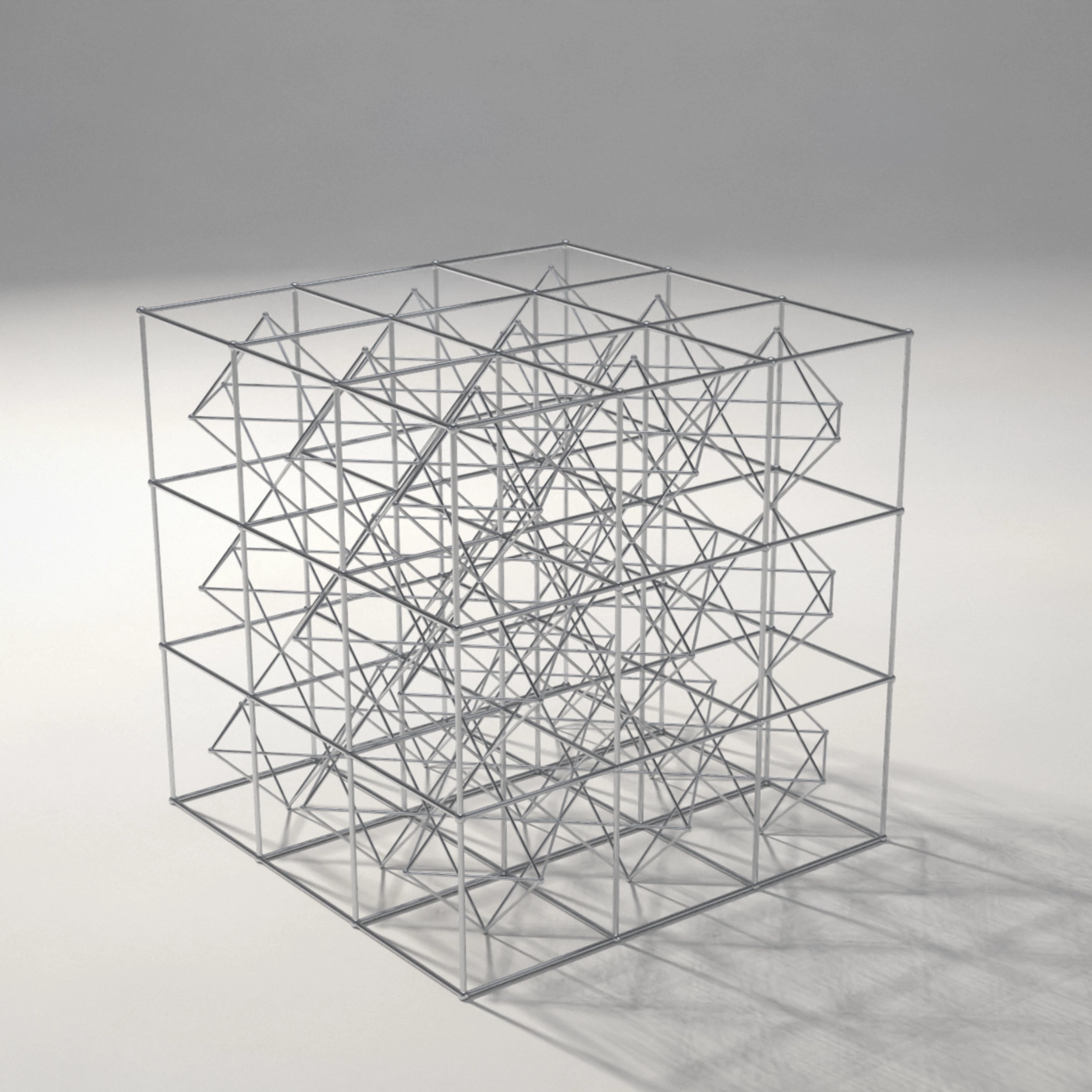 A complex wireframe structure depicting nested cubic and pyramidal shapes arranged in a geometric, lattice-like form casting shadows on a plain surface.