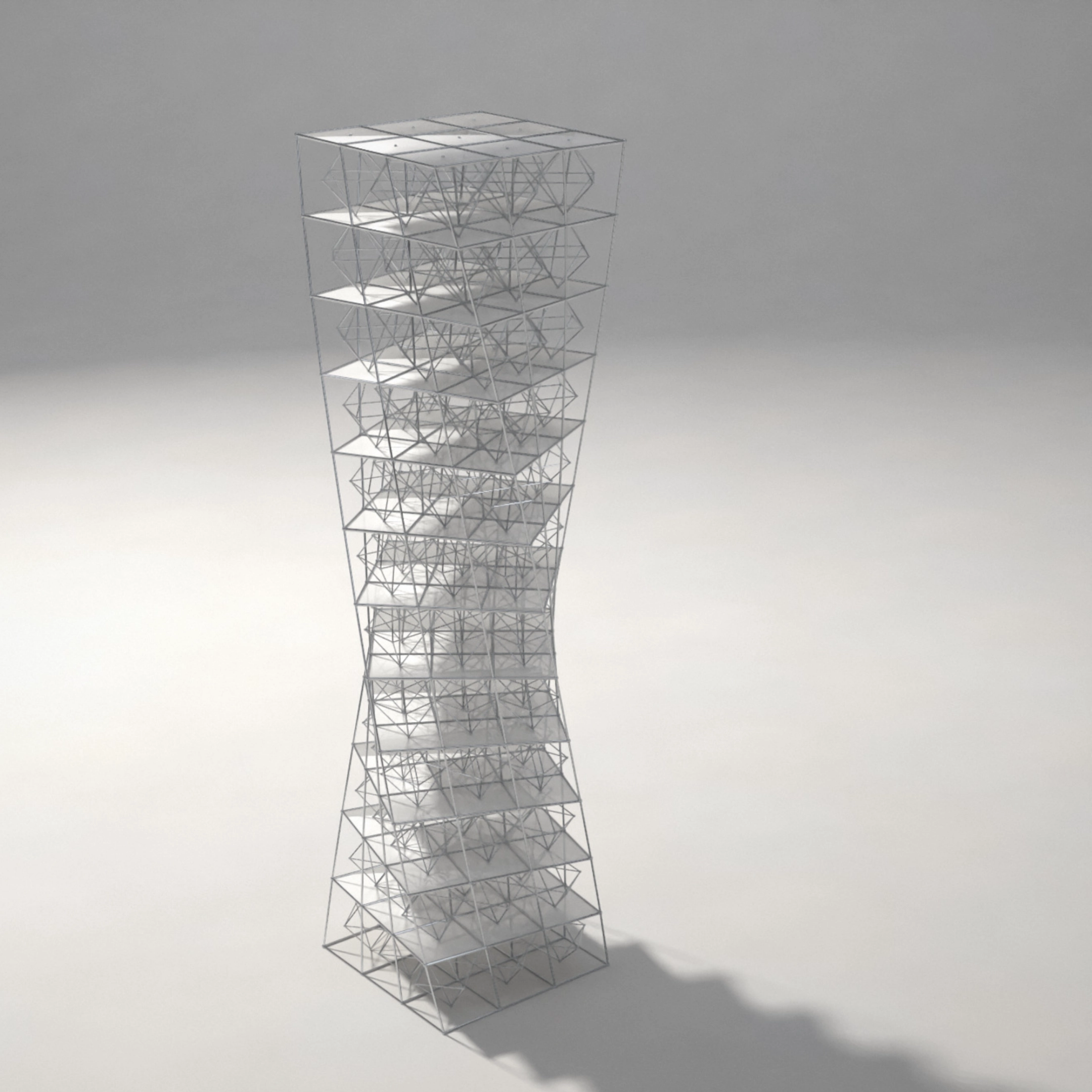 Tall, slender architectural model of a twisted multi-story tower with visible floor slabs and intricate internal metal framework casting a shadow on a flat surface.