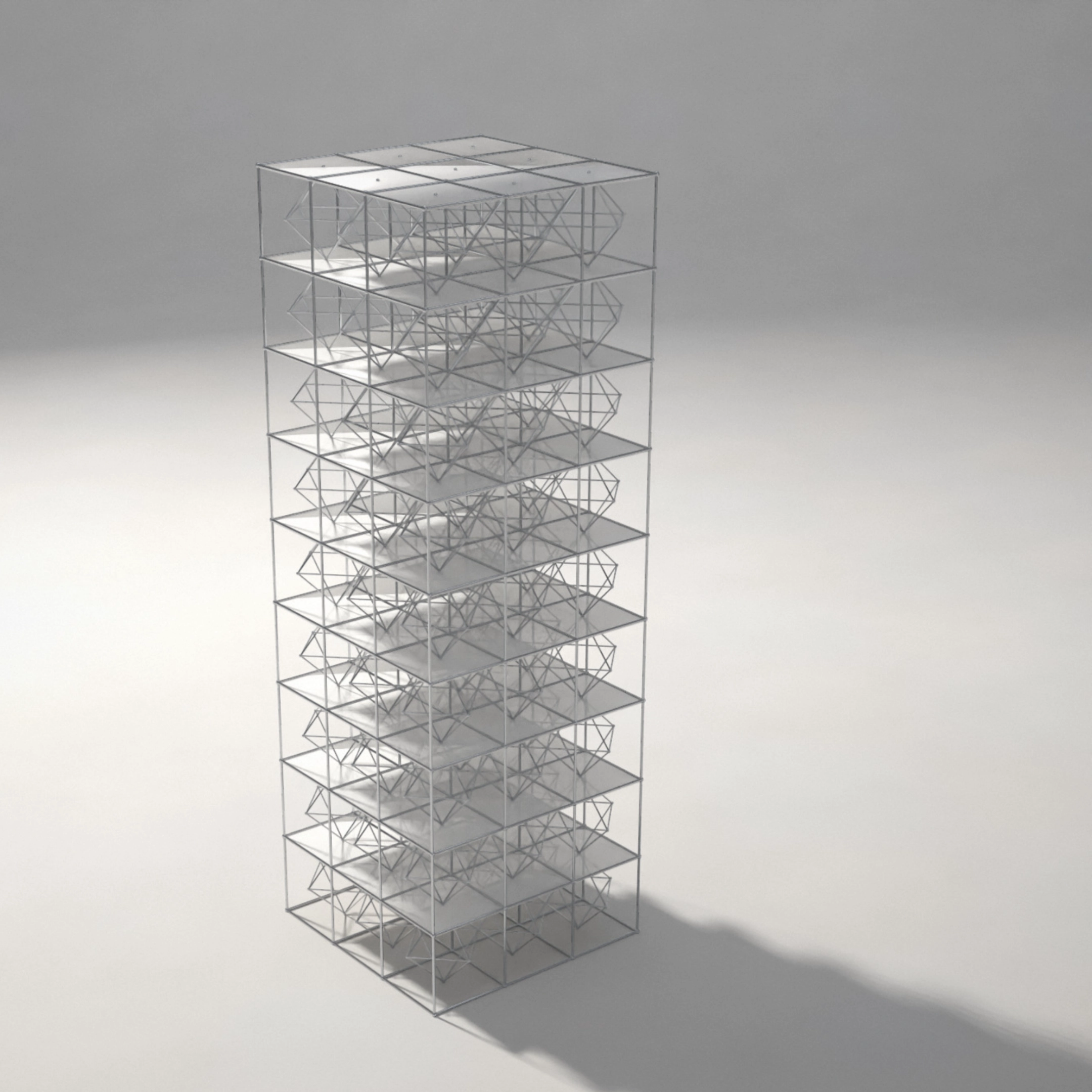 Transparent cubic structure with ten stacked open square floors and intricate wireframe geometric patterns inside each floor, casting a shadow on a smooth surface.