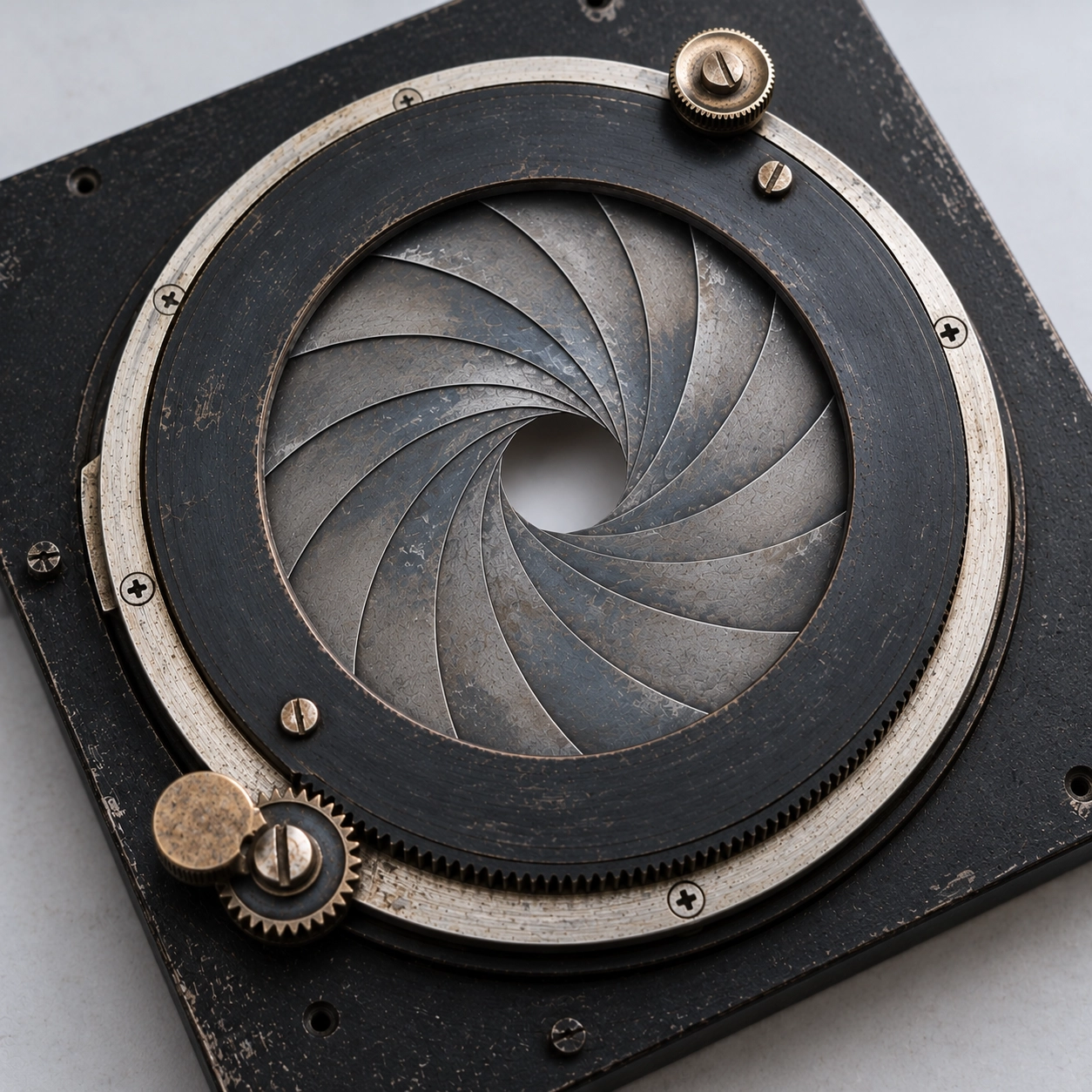 Close-up of a vintage camera lens aperture mechanism with multiple overlapping metal blades arranged in a circular pattern and mechanical adjustment screws.