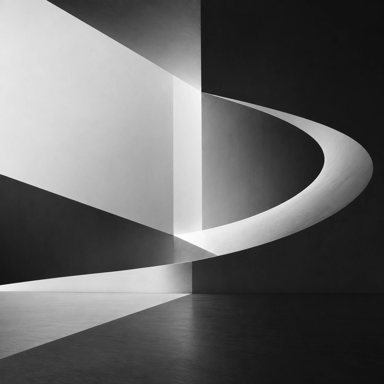 Black and white abstract architectural scene with curved and straight elements creating sharp contrasts and shadows on walls and floor.