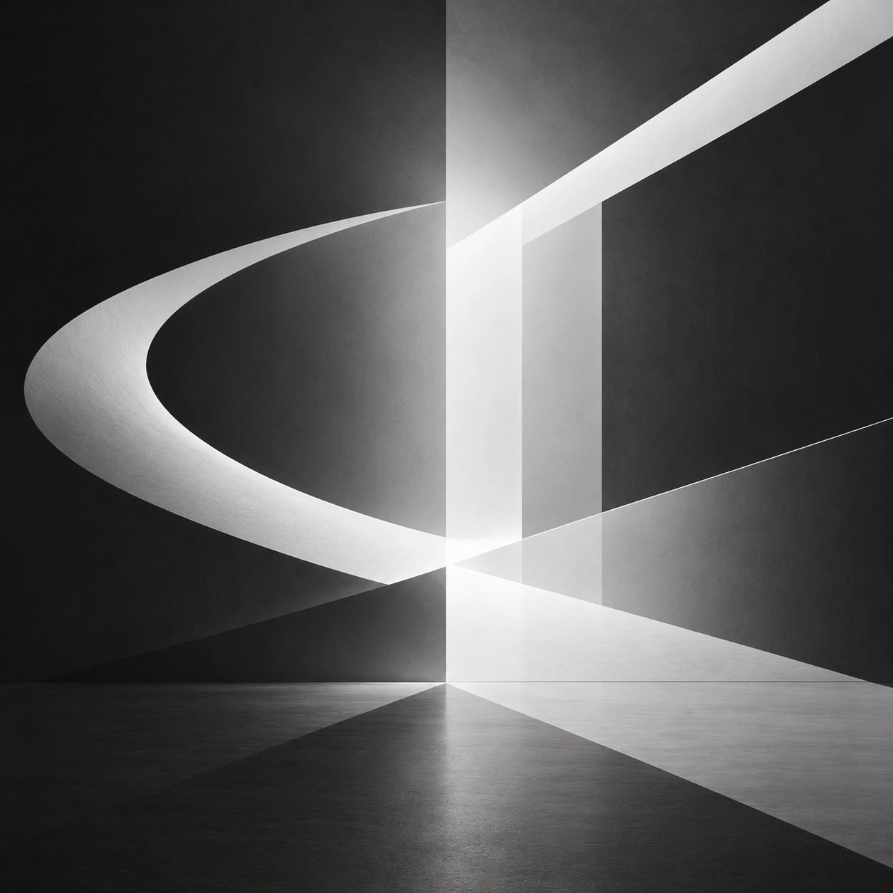 Abstract black and white geometric composition with curved and straight light beams intersecting on a smooth surface, creating sharp contrasts and shadows.